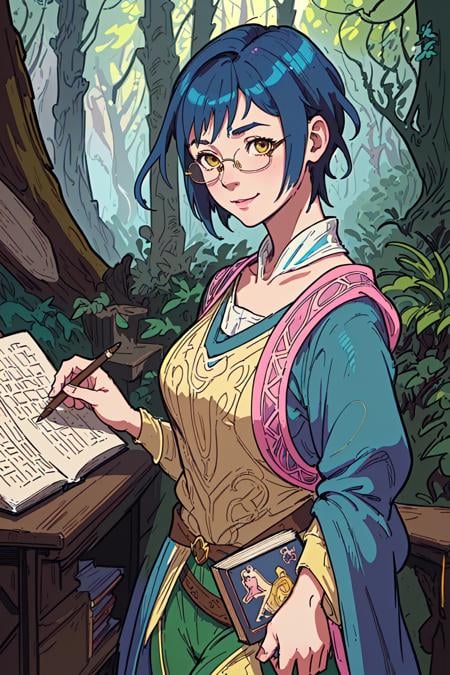 1girl, cute, upper body, masterpiece, best quality, yellow glasses, pink sweater, green pants, brown eyes, (blue hair), (short hair), smile, forest, looking at viewer, holding book, deep focus, d & d, fantasy, intricate, elegant, highly detailed, digital painting, artstation, concept art, matte, sharp focus, illustration, hearthstone, art by artgerm and greg rutkowski and alphonse mucha <lora:GoodHands-beta2:0.4>