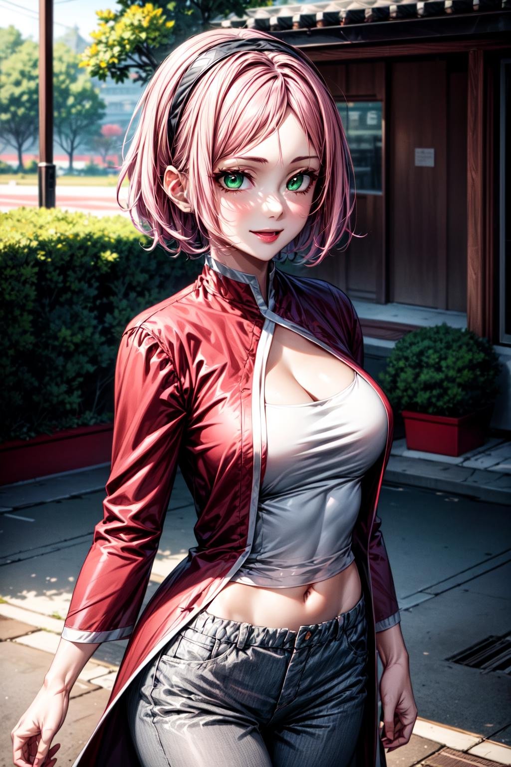 best quality, masterpiece, 1girl, (solo:1.1), raytracing, ultra detailed,detailed face, 8k wallpaper, (medium breasts, wide hips:1.2), <lora:more_details:1>, SakuraHarunoNDV, 1girl, pink hair, short hair, green eyes, forehead mark, medium breasts, hairband, sleeveless,  <lora:SakuraHarunoNDV:0.7>, outdoor, smile, grey pants, sleevelerss robe, red robe