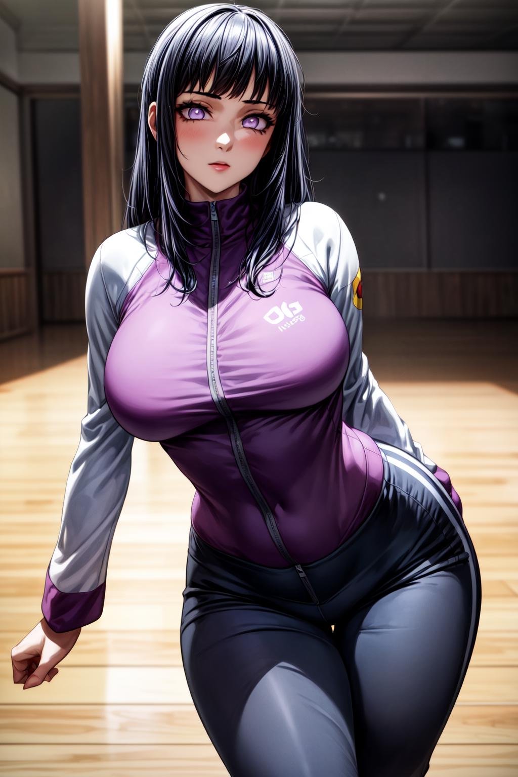 best quality, masterpiece, 1girl, (solo:1.1), raytracing, ultra detailed,detailed face, 8k wallpaper, (medium breasts, wide hips:1.2), <lora:more_details:1>, HinataHyuugaNDV, 1girl, black hair, medium hair, purple eyes, large breasts, white eyes, fishnets,  <lora:HinataHyuugaNDV:0.7>, sports jacket, pants