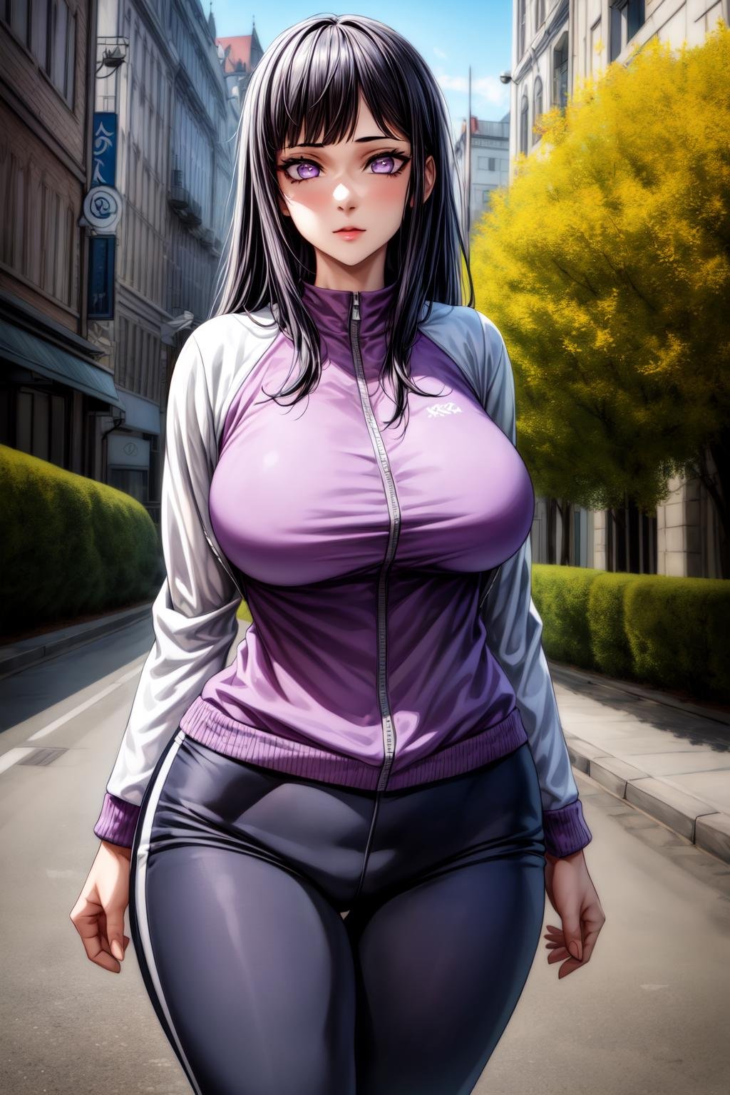 best quality, masterpiece, 1girl, (solo:1.1), raytracing, ultra detailed,detailed face, 8k wallpaper, (medium breasts, wide hips:1.2), <lora:more_details:1>, HinataHyuugaNDV, 1girl, black hair, medium hair, purple eyes, large breasts, white eyes, fishnets,  <lora:HinataHyuugaNDV:0.7>, sports jacket, pants, outdoor