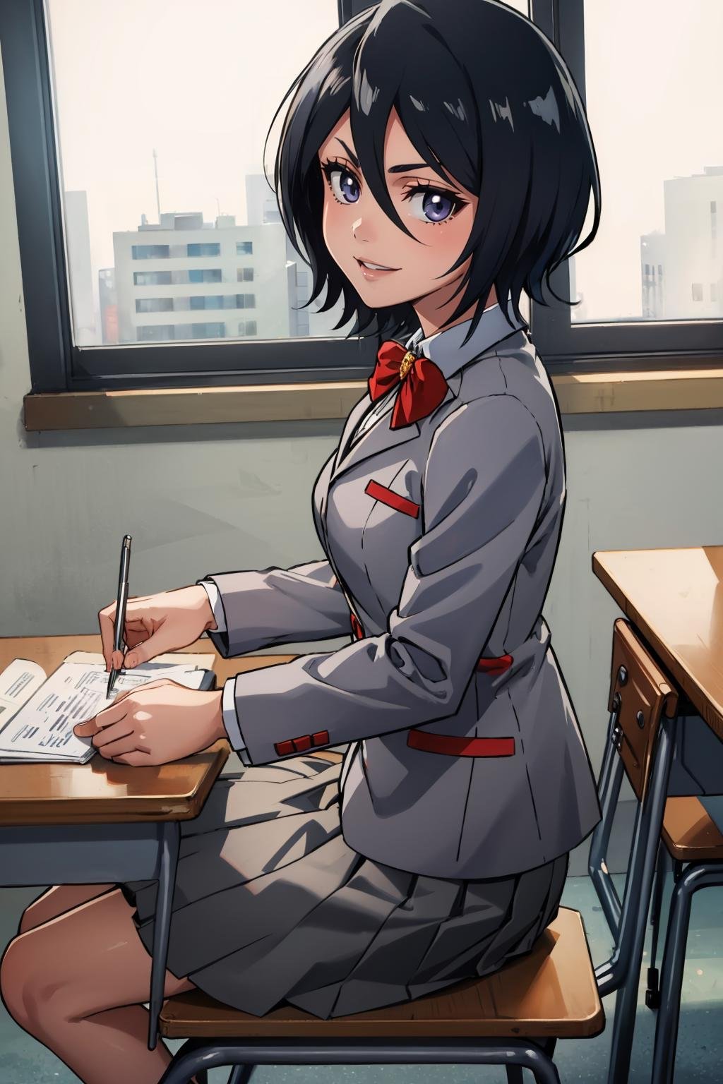 masterpiece, best quality, <lora:rukia-nvwls-v1-000010:0.9> kuchikirukia, short hair, bowtie, grey blazer, grey skirt, school, classroom, sitting, classroom, from side, looking at viewer, smile, from above