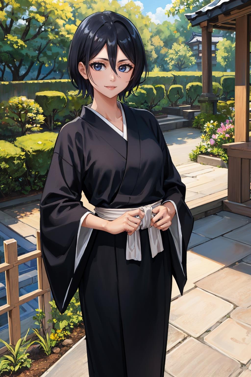 masterpiece, best quality, <lora:rukia-nvwls-v1-000010:0.8> kuchikirukia, black robes, sash, standing, cowboy shot, looking at viewer, furrowed brow, blue sky, japanese architecture, garden, smile, from above, dutch angle, hands to own chest