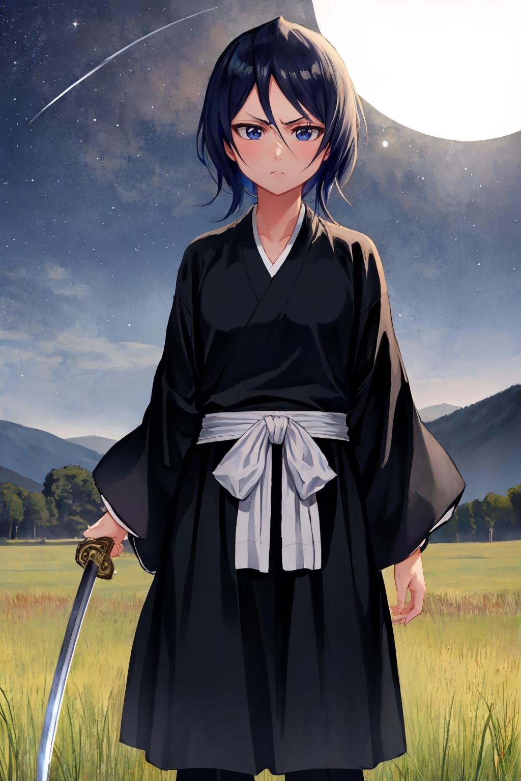 masterpiece, best quality, <lora:rukia-nvwls-v1-000010:1.2> kuchikirukia, black robes, sash, standing, cowboy shot, looking at viewer, furrowed brow,  <lora:UBWKatanaOneHand:0.6> KatanaOneHand, blade to side, night sky, night, field, moonlight, black eyes