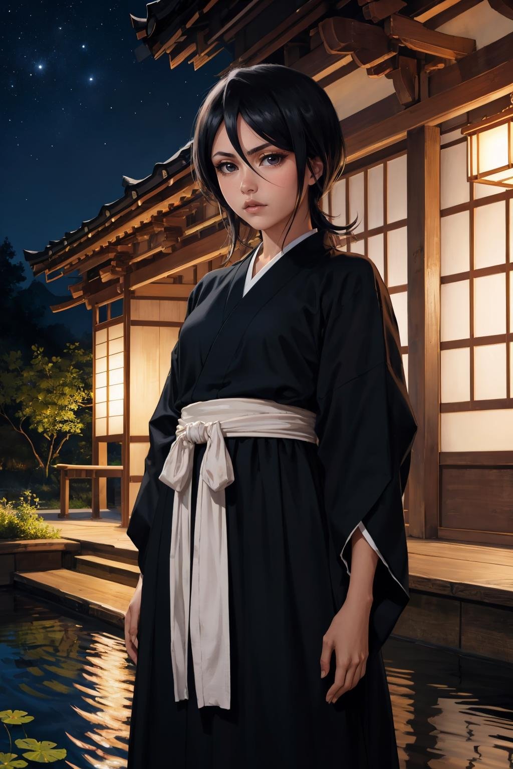 masterpiece, best quality, <lora:rukia-nvwls-v1-000010:0.9> kuchikirukia, black robes, sash, standing, cowboy shot, looking at viewer, furrowed brow, night, japanese architecture, pond, 