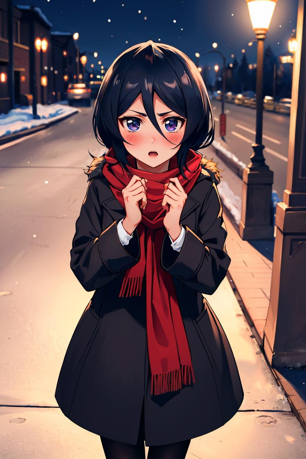 masterpiece, best quality, <lora:rukia-nvwls-v1-000010:1> kuchikirukia, fur trim, coat, red scarf, night, winter, lamppost, standing, cowboy shot, surprised, blush, from above