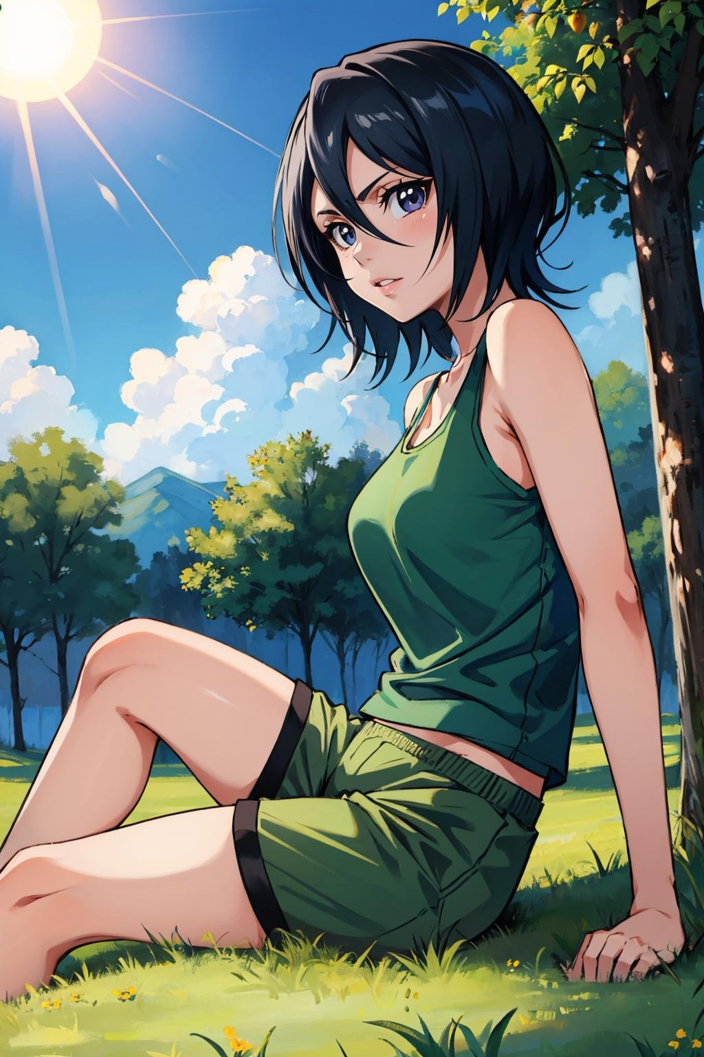 masterpiece, best quality, <lora:rukia-nvwls-v1-000010:1> kuchikirukia, tank top, sitting, green shorts, from side, on ground, looking at viewer, sun, bright, field