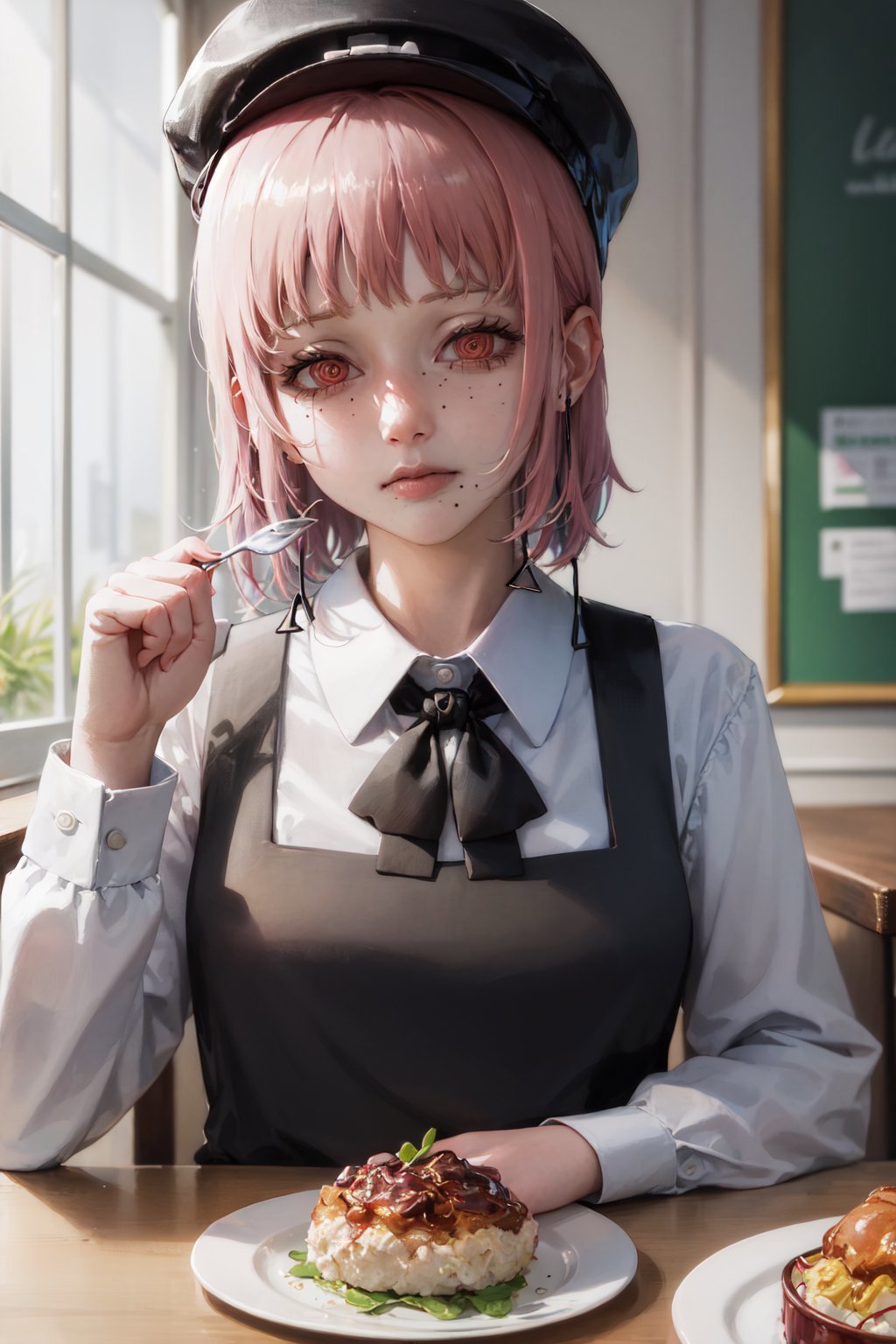 (masterpiece, best quality:1.2), <lora:csm_fami-10:1>, upper body, solo, 1girl, fami \(chainsaw man\), expressionless, closed mouth, looking at viewer, elbows on plate, pink hair, black hat, red eyes, school uniform, pinafore dress, white shirt, neck ribbon, indoors, food on plate, drinking glass