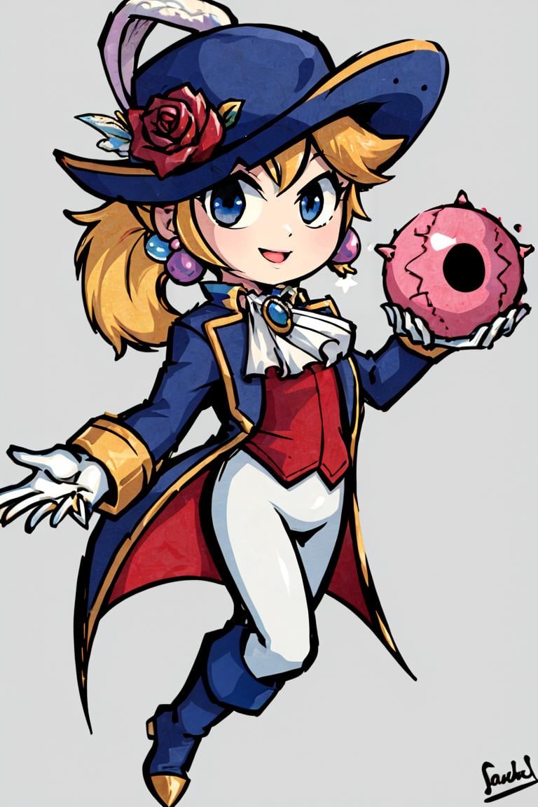 <lora:Style_of_the_Winds:0.8>, , ((masterpiece,best quality)),  absurdres, <lora:Princess_Peach_Nintendo:0.8>, Swordfighter_Peach, solo, 1girl, hat, blonde hair, blue eyes, jewelry, earrings, long hair, rapier, hat feather, pants, ascot, red rose, hat flower, ponytail, white pants, white gloves, boots, blue jacket, long sleeves, smiling, looking at viewer, cowboy shot,    