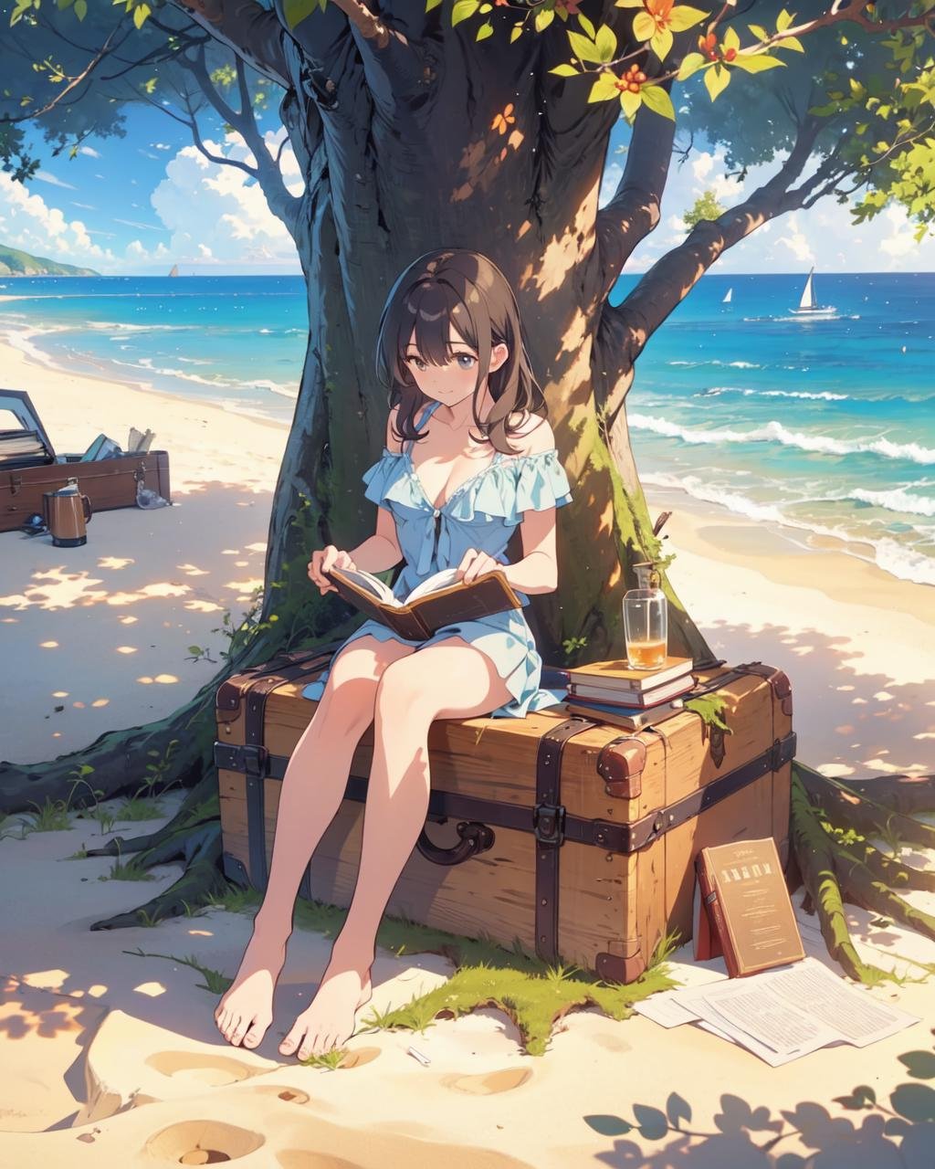 a woman sitting on top of an old trunk on a beach next to the ocean reading a book and papers