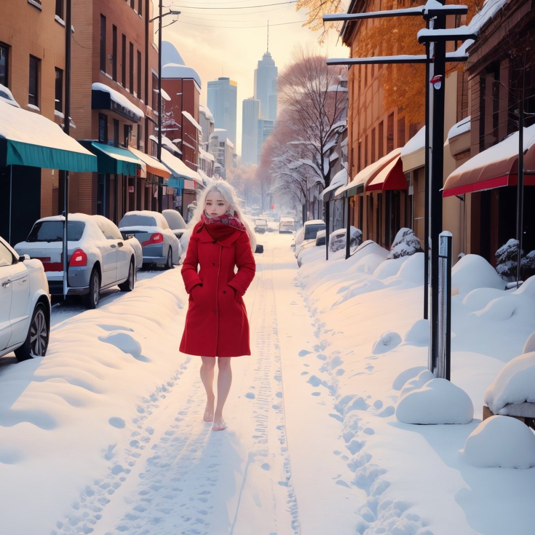  In the snow, a girl walking alone in the snow, wearing a red coat, long hair fluttering, white hair, red scarf, bare legs, bare feet, holding her body tightly, big eyes, her lips pressed together, she was about to cry, her long white hair fluttering in the wind, her delicate and beautiful face suppressed, step by step, the footprints behind her, the heavy snow, the biting wind blowing her scarf, in the distance is the continuous snow mountain, in this evening, helplessly forward, West Green, fashion,1girl