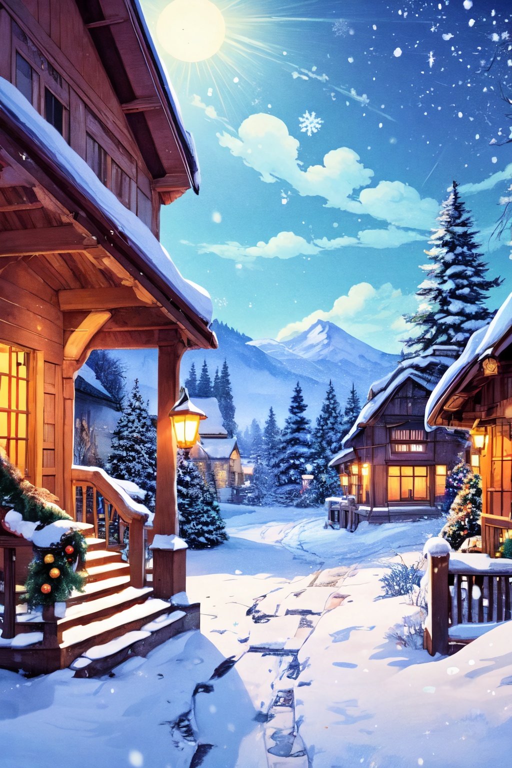 more centralizated, a christmas wallpaper with a snowing tree, a little bit in ilustration studio ghibli style, a little watercolor, the sky is clear, the art is beautiful, like a landscape,