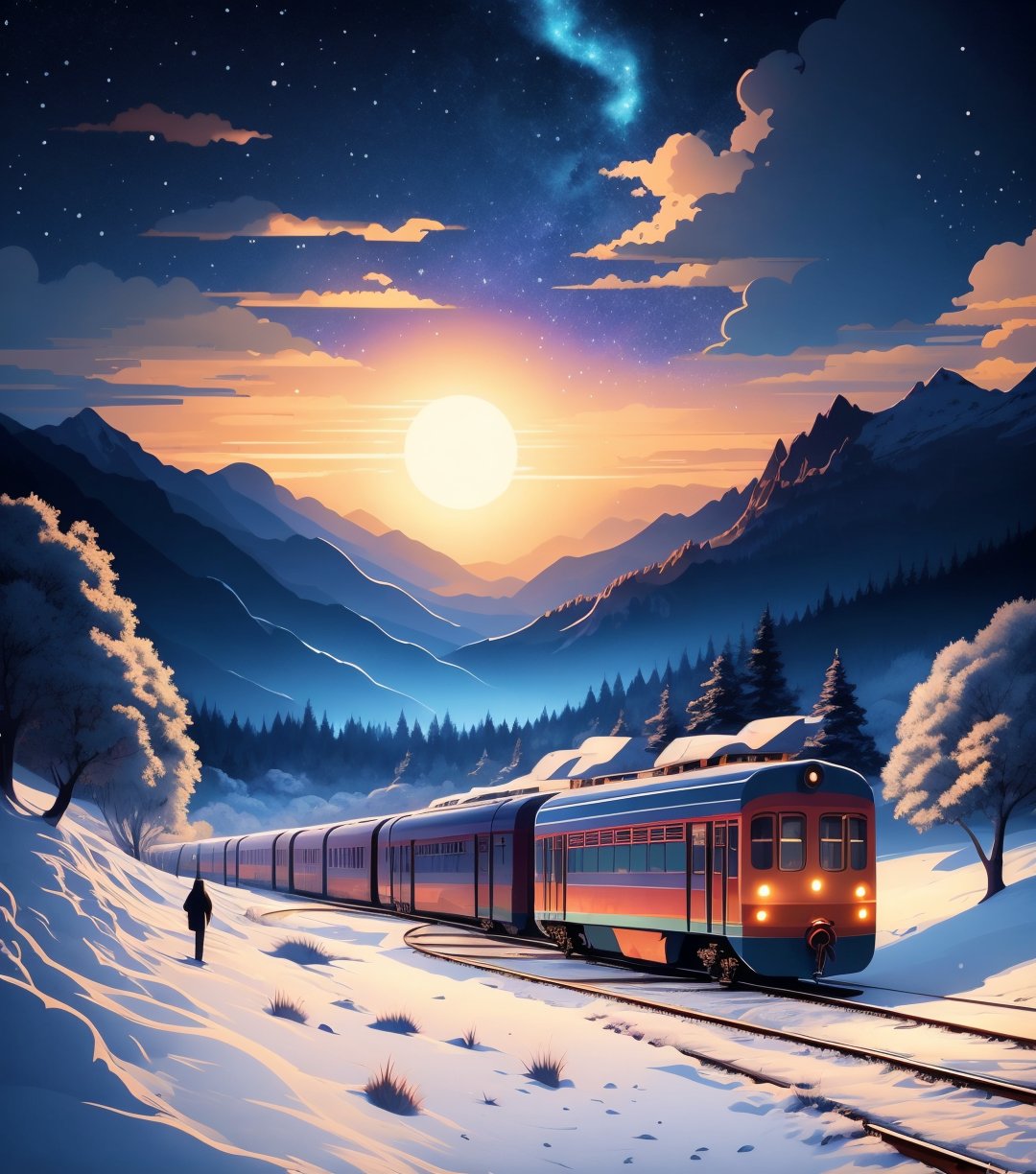  There is a train running along the track in the snow, Makoto Shinkai's concept art, tumblr, magical realism, beautiful anime scenes, cosmic sky. by makoto shinkai, ( ( makoto shinkai ) ), anime background art, anime background, Makoto Shinkai's style, anime movie background, Galaxy Express, no humans.