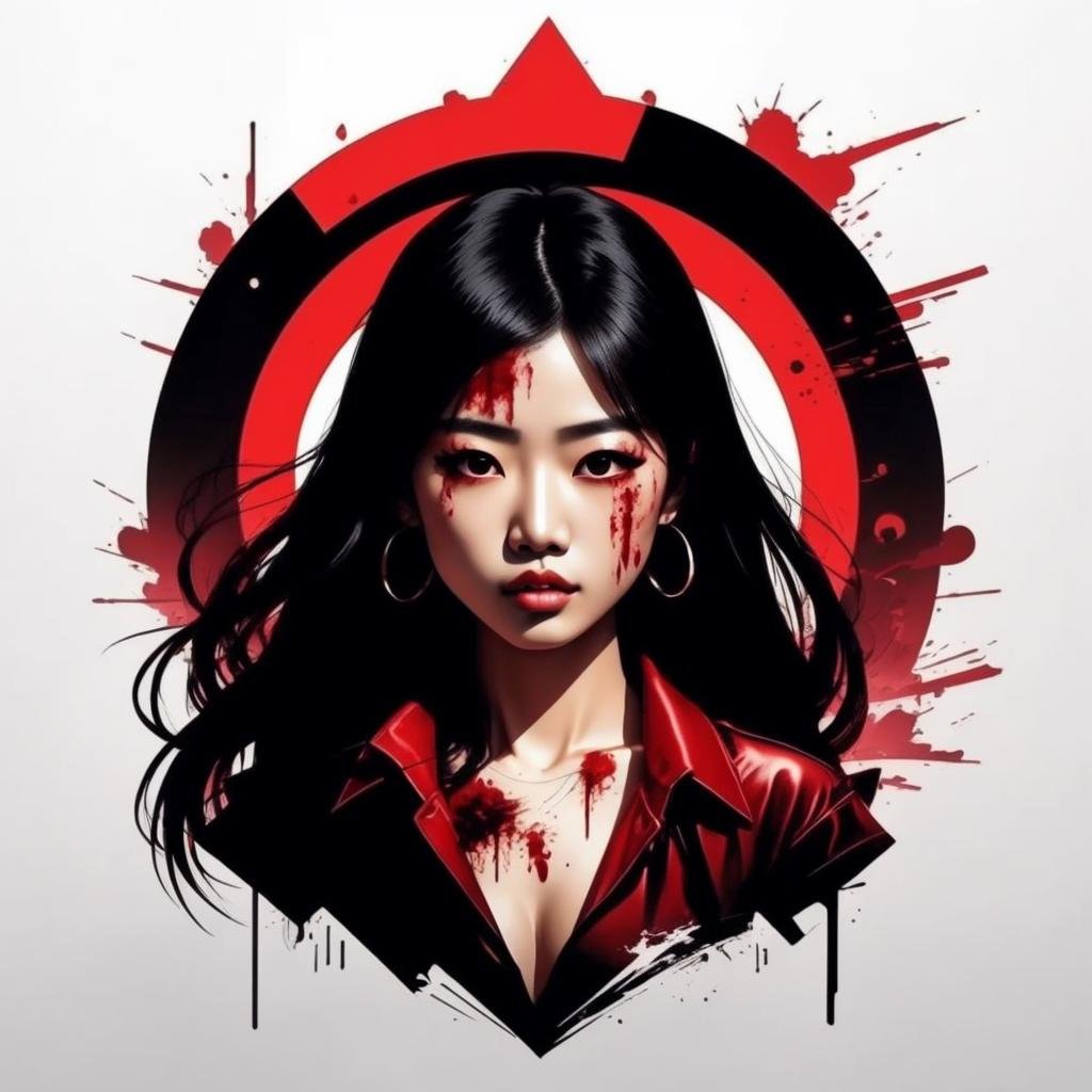 Beautiful asian girl with blood on face, sexy, portrait, circular, ,T shirt design,TshirtDesignAF,,<lora:TshirtDesign15PasWithTE:1>