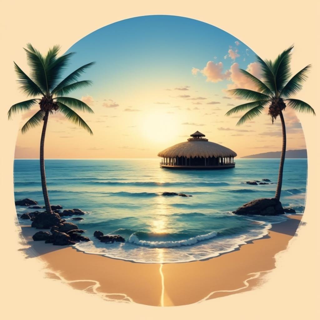 Beach, cozy, calm, circular, ,T shirt design,TshirtDesignAF,,<lora:TshirtDesign15PasWithTE:1>