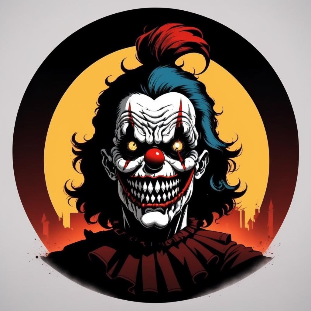 Scary clown, horror, terror, circular, ,T shirt design,TshirtDesignAF,,<lora:TshirtDesign15PasWithTE:1>
