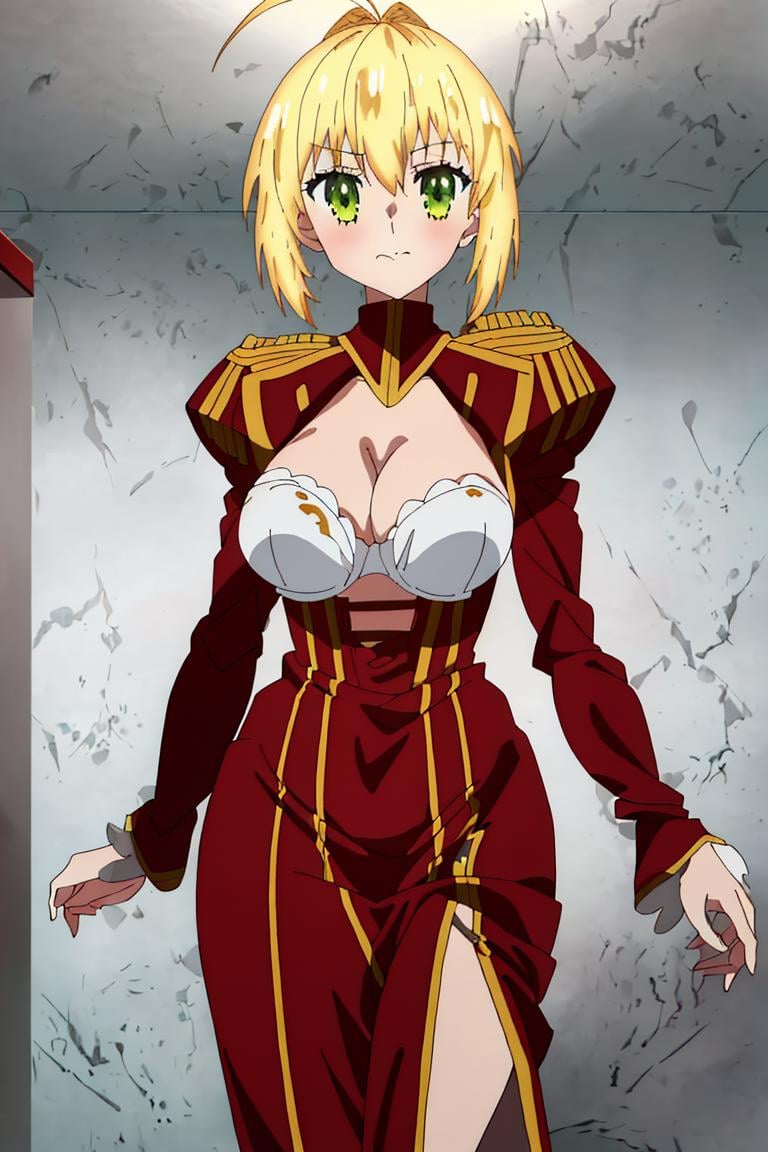 <lora:last_encore_512:1>,masterpiece,best quality,1girl,solo,fxle_anime,nero,blonde hair,large breasts,long dress,red dress,cleavage,white bra,long sleeves,nice hand,good hand,