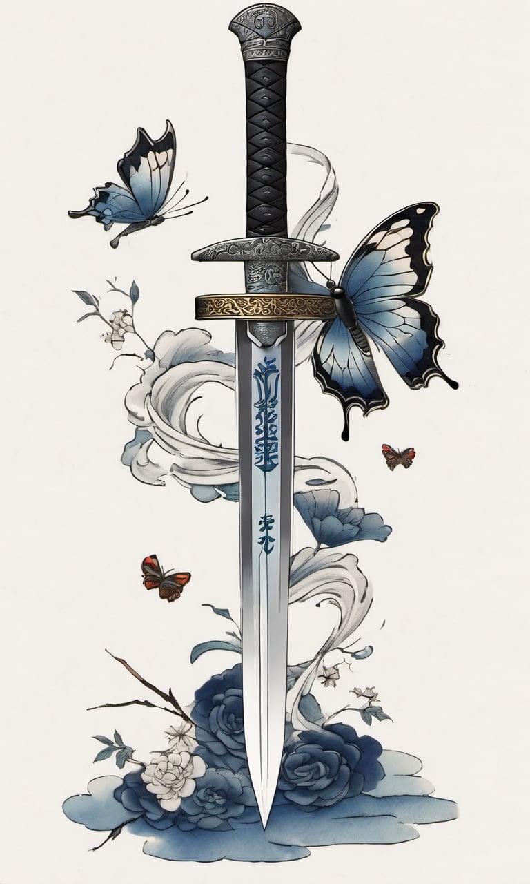 A sword is inserted upright into a heart, a butterfly at the top of the sword,chinese meticulous ink,illustration,white background ,centered,completed<lora:newchinese-1122-1:1>