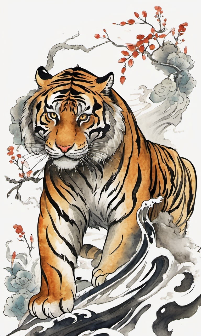 tiger,chinese meticulous ink,illustration,white background ,centered,completed<lora:newchinese-1122-1:1>