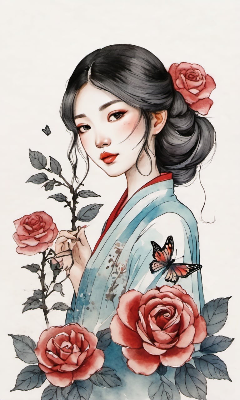 a girl with a butterfly on her face and a rose besize her head.,chinese meticulous ink,illustration,white background ,centered,completed<lora:newchinese-1122-1:1>