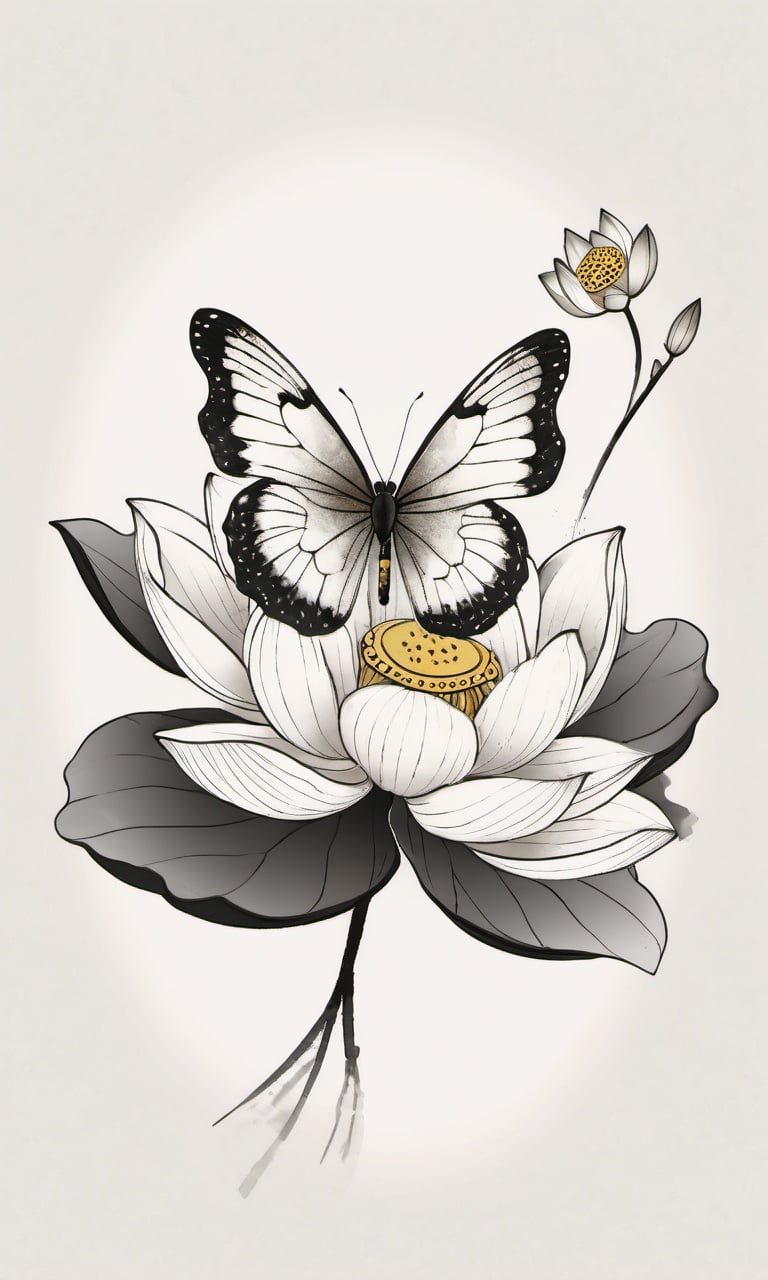 butterfly,lotus,chinese meticulous ink,illustration,white background ,centered,completed<lora:newchinese-1122-1:1>