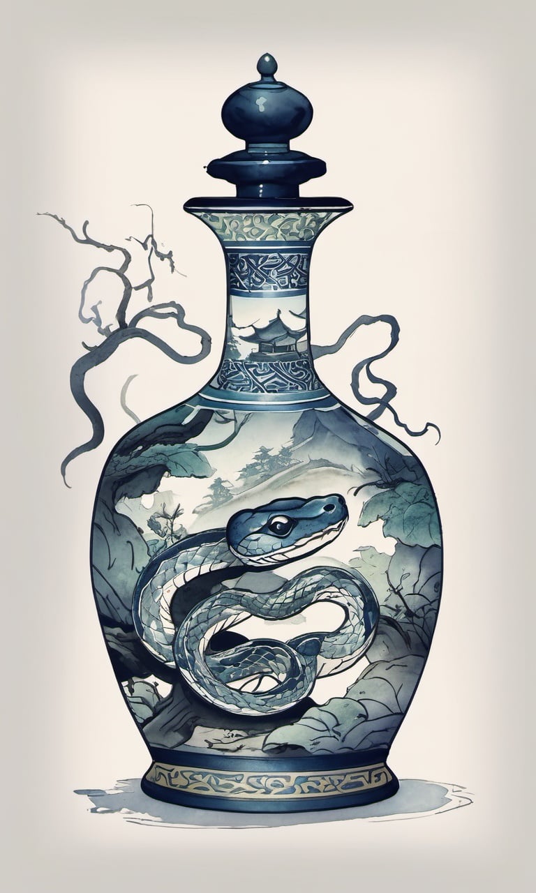 Poison bottle containing a small snake,chinese meticulous ink,illustration,white background ,centered,completed<lora:newchinese-1122-1:1>