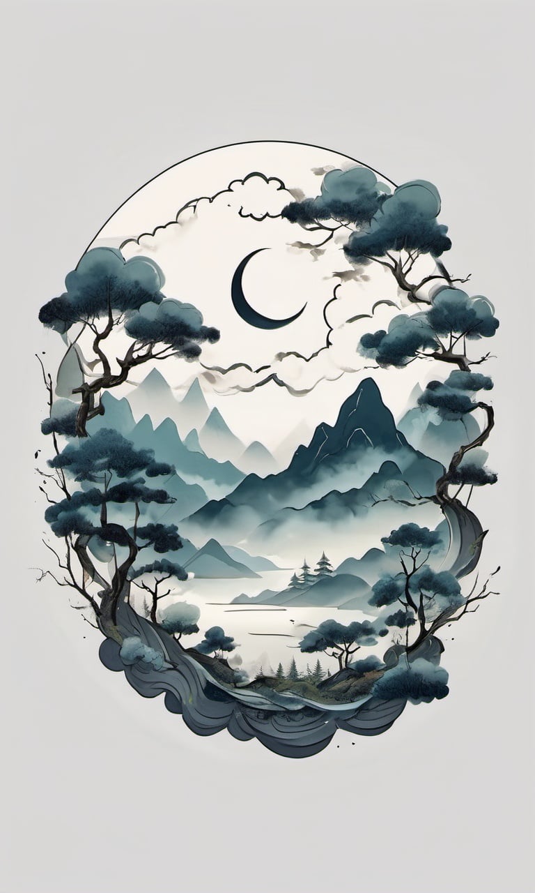 A circle with a forest inside, a crescent moon, clouds below the circle, and lightning around it.,chinese meticulous ink,illustration,white background ,centered,completed<lora:newchinese-1122-1:1>