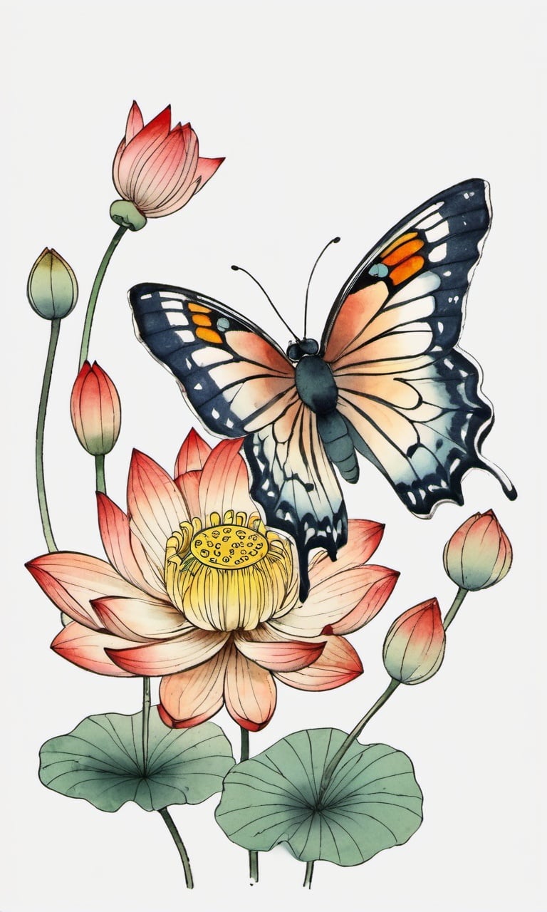 butterfly,lotus,chinese meticulous ink,illustration,white background ,centered,completed<lora:newchinese-1122-1:1>