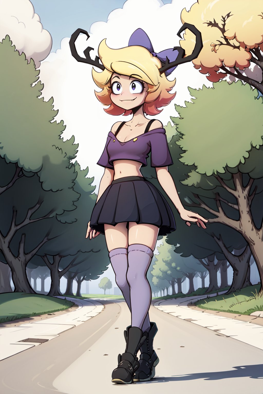 (masterpiece, best quality), wendi, 1girl, solo, alone, short hair, yellow hair, gradient hair, antlers on head, purple bow on head, purple eyes, :), smile, closed mouth, crop top, maagenta shirt, off-shoulder_shirt, magenta skirt, long stockings, stip stockings, black boots, standing, arms_at_sides, walking, outdoors, park, trees, sunny day, blue sky, full body, perfect lighting