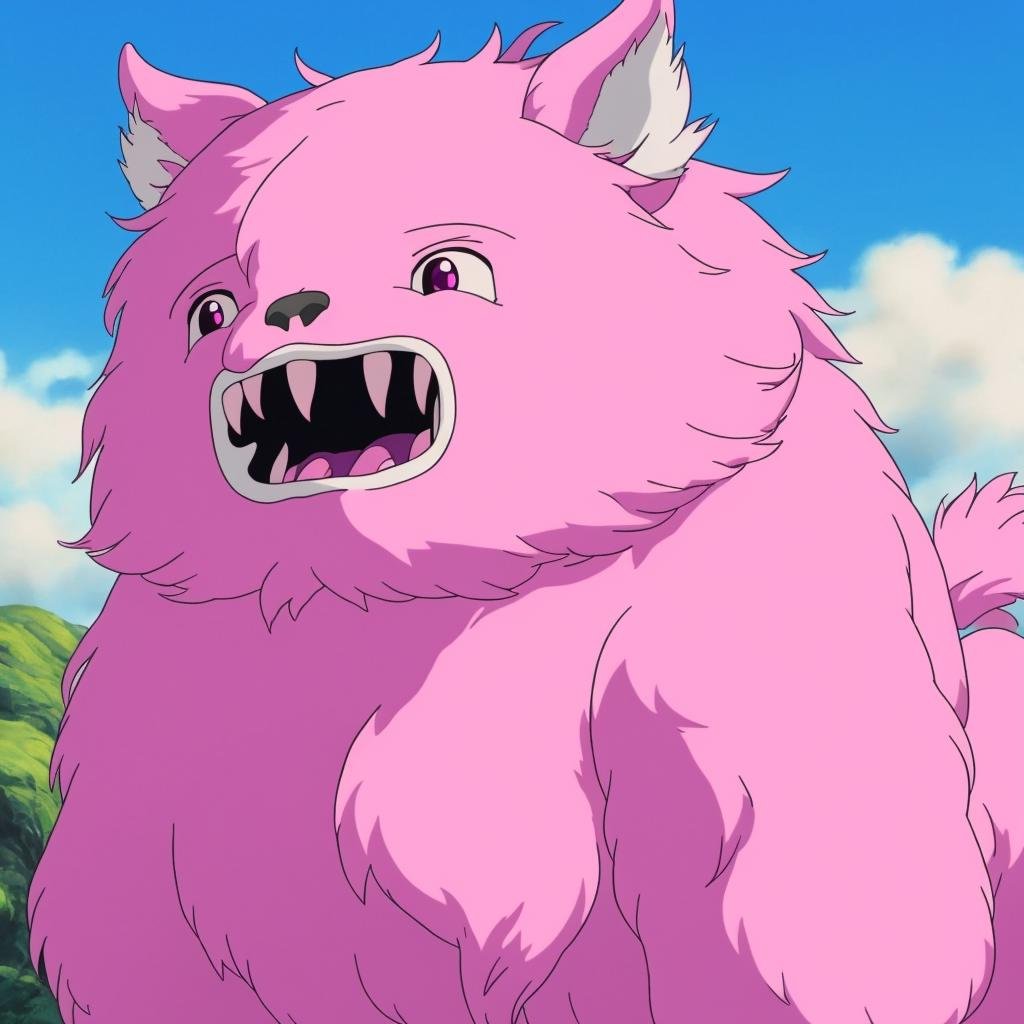 A fluffy pink monster,  StdGBRedmAF, Studio Ghibli,<lora:StdGBRedmAF15Config4WithTE:1>