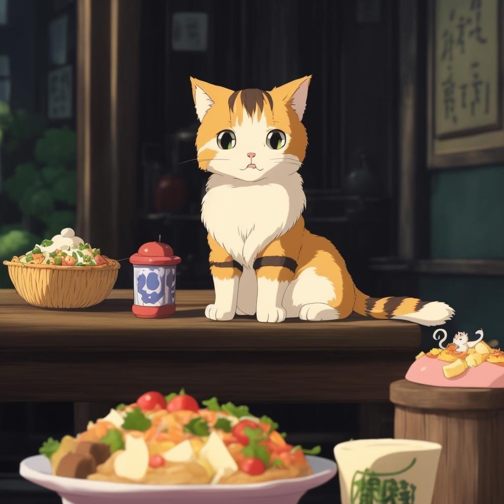 A cute cat on top a table with food,  StdGBRedmAF, Studio Ghibli,<lora:StdGBRedmAF15Config4WithTE:1>