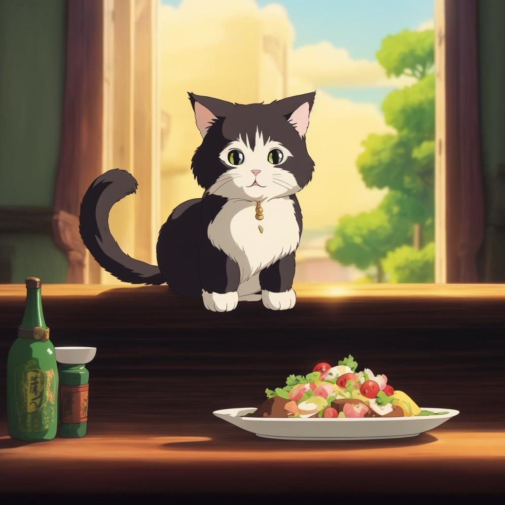 A cute cat on top a table with food,  StdGBRedmAF, Studio Ghibli,<lora:StdGBRedmAF15Config4WithTE:1>