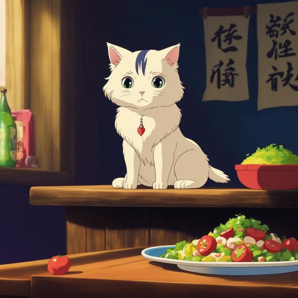 A cute cat on top a table with food,  StdGBRedmAF, Studio Ghibli,<lora:StdGBRedmAF15Config4WithTE:1>