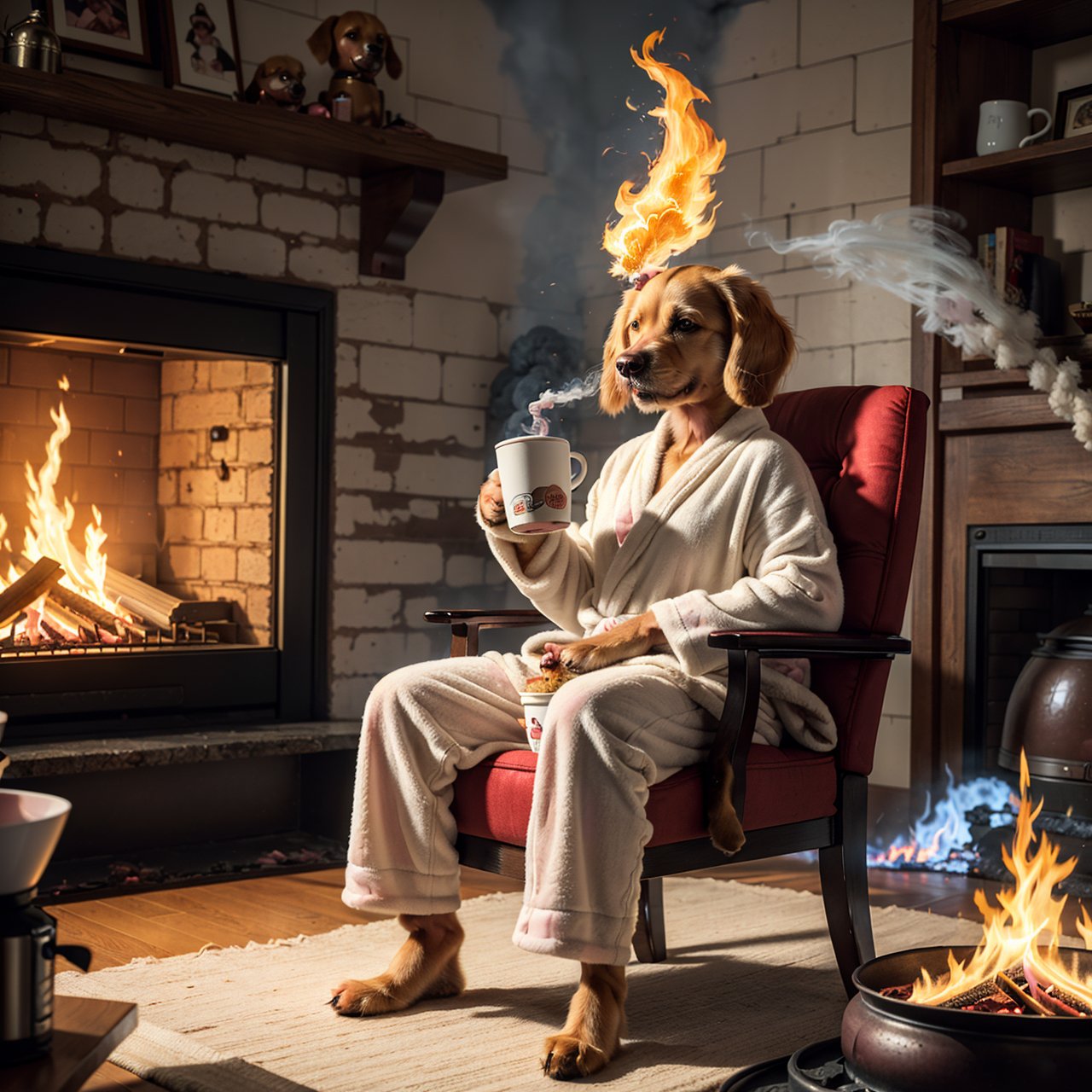 (best quality:1.23), (masterpiece:1.12), (realistic:1.24), (anthropomorphic dog:1.5) holding a coffee cup, sitting, in a robe, eating breakfast and holding a coffee cup, hat, particles, volumetric lighting, room burn down, ground and chair on fire, lots of gadgets and equipment on fire, smoke, (flames all around:1.2),
