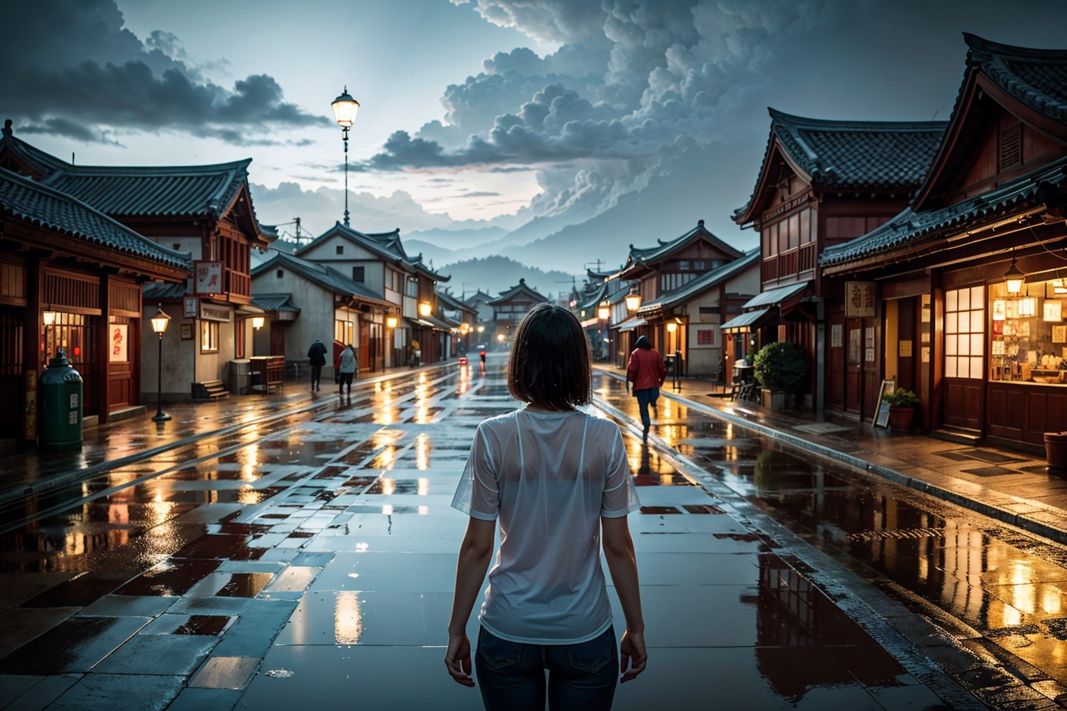 arafed view of a village with a lot of lights on the buildings, dreamy chinese town, chinese village, amazing wallpaper, japanese town, japanese village, hyper realistic photo of a town, old asian village, japanese city, by Raymond Han, rainy evening, cyberpunk chinese ancient castle, beautifully lit buildings, at evening during rain, beautiful and aesthetic, photography, cinematic, 8k, high detailed ((Heavy rain)))
