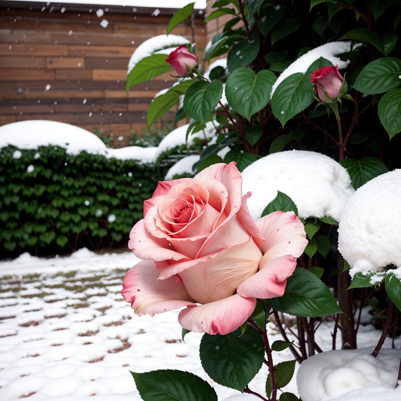 Pink roses grow on the bushes, Leaves and petals are covered with dust and snow,Shot with Canon 35mm lens, photo of a rose, taken with a pentax k1000, Shot with Pentax 1000, Two 5-mm ports, Shot at Kodak Portra, Rose Twinings, Pink Rose, 35mm shot
