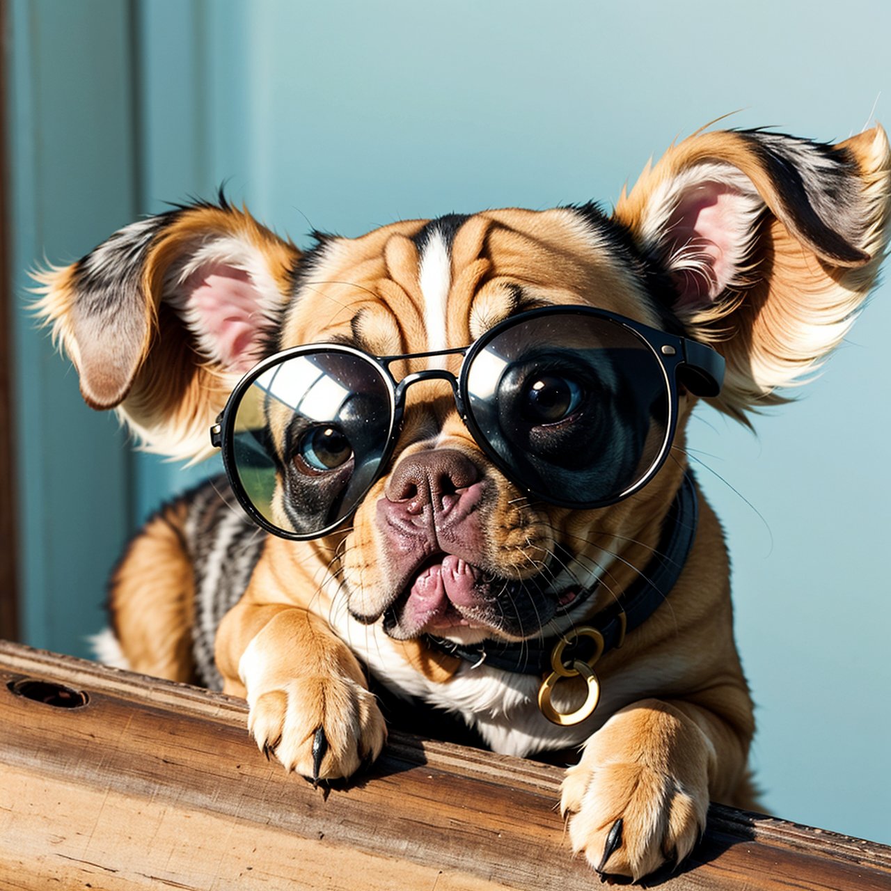 cute little　a Dog　sunglasses on　Has a small　Pop　charicature
