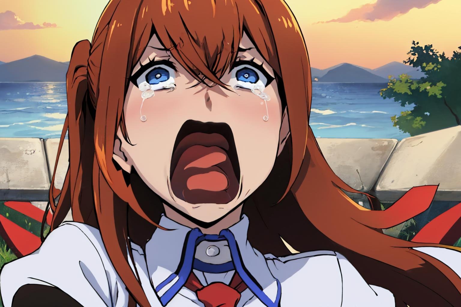 (masterpiece, best quality:1.2), aquascreaming, solo, 1girl, makise kurisu, screaming, open mouth, crying with eyes open, collared shirt, red necktie <lora:steinsgate_makise:1> <lora:concept_aquascreaming:1>