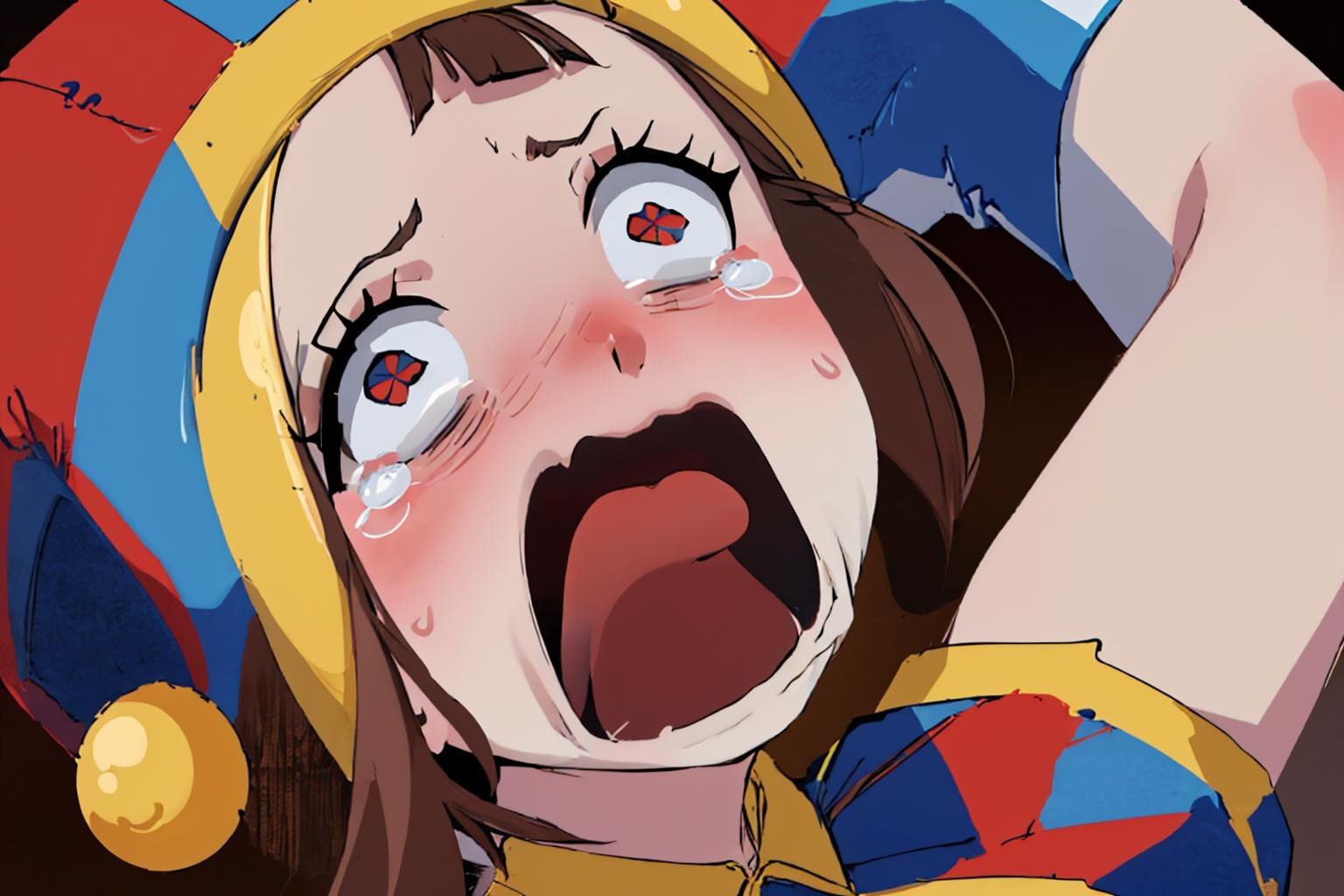 (masterpiece, best quality:1.2), aquascreaming, solo, 1girl, pomni, colored skin, screaming, open mouth, crying with eyes open, jester cap, symbol-shaped pupils, red eyes, blue eyes, multicolored clothes, puffy short sleeves <lora:pomni:0.9> <lora:concept_aquascreaming-16:1>