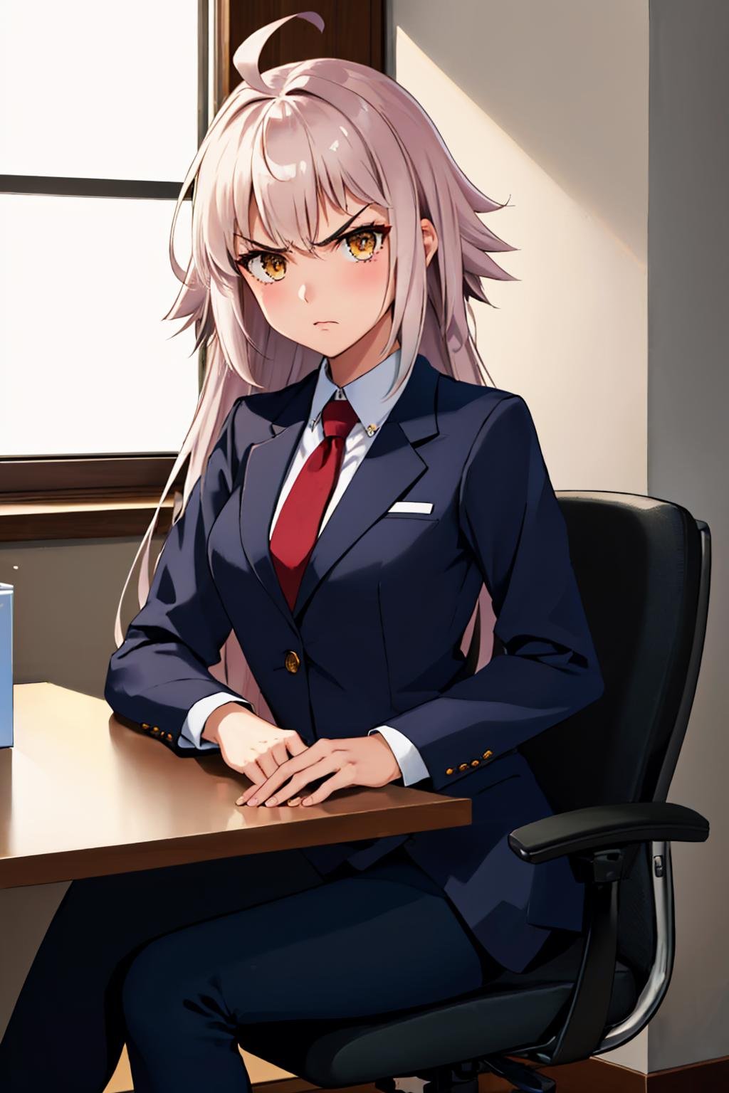 (masterpiece, best quality:1.2), solo, 1girl, jeannernd, angry, looking at viewer, sitting, office chair, long hair, ahoge, v-shaped eyebrows, formal, suit, necktie, black pants <lora:fate_jeannedearcalter_berserker-17:1>