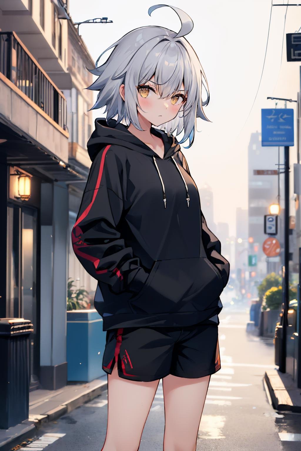 (masterpiece, best quality:1.2), solo, 1girl, jeannernd, expressionless, closed mouth, looking at viewer, hands in pockets, short hair, grey hair, ahoge, hoodie, black shorts, city street <lora:fate_jeannedearcalter_berserker-17:1>