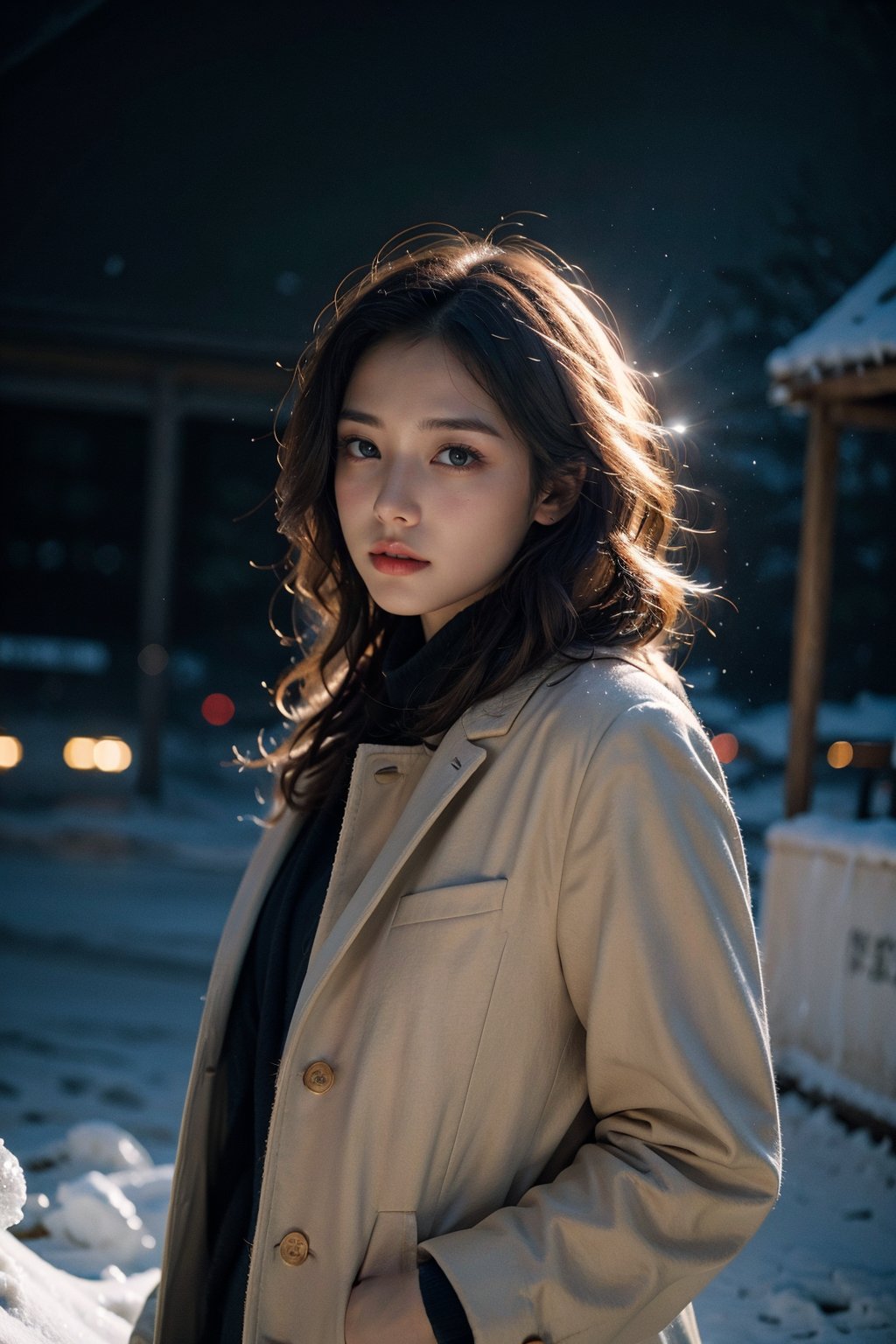 (Not looking at the audience: 1.5),scarf,portrait of 1girl by Bill Henson,Black Cashmere coat,masterpiece,best quality,highres,2girls,flora,snowing,bokeh,low contrast,sharp and in focus,(art by Chris Friel:1.2),(night),sad,melancholy,drillhair,wind,cinematic_angle,(cinematic tone:1.2),mountaintop,cowboy shot,floating hair,rule of thirds,ice lake,1girl,solo