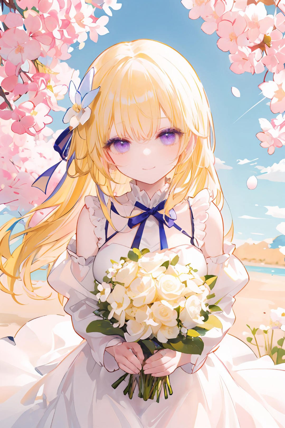 masterpiece,best quality,illustration, ((yellow hair)),1girls,long eyelashes,hair_ornament,wavy_hair,cute,shy,flower, pink_flower, bouquet, pink_rose, butterfly, bug, purple_flower, hydrangea, 1girl, cherry_blossoms, holding_bouquet, white_flower, long_hair, solo, holding_flower, holding, daisy, bangs, looking_at_viewer, blue_butterfly, lily_\(flower\), petals,light smile,((sunny day)),glowing light,(flower sea),(blue_ribbon),loli <lyco:GoodHands-beta2:0.85>