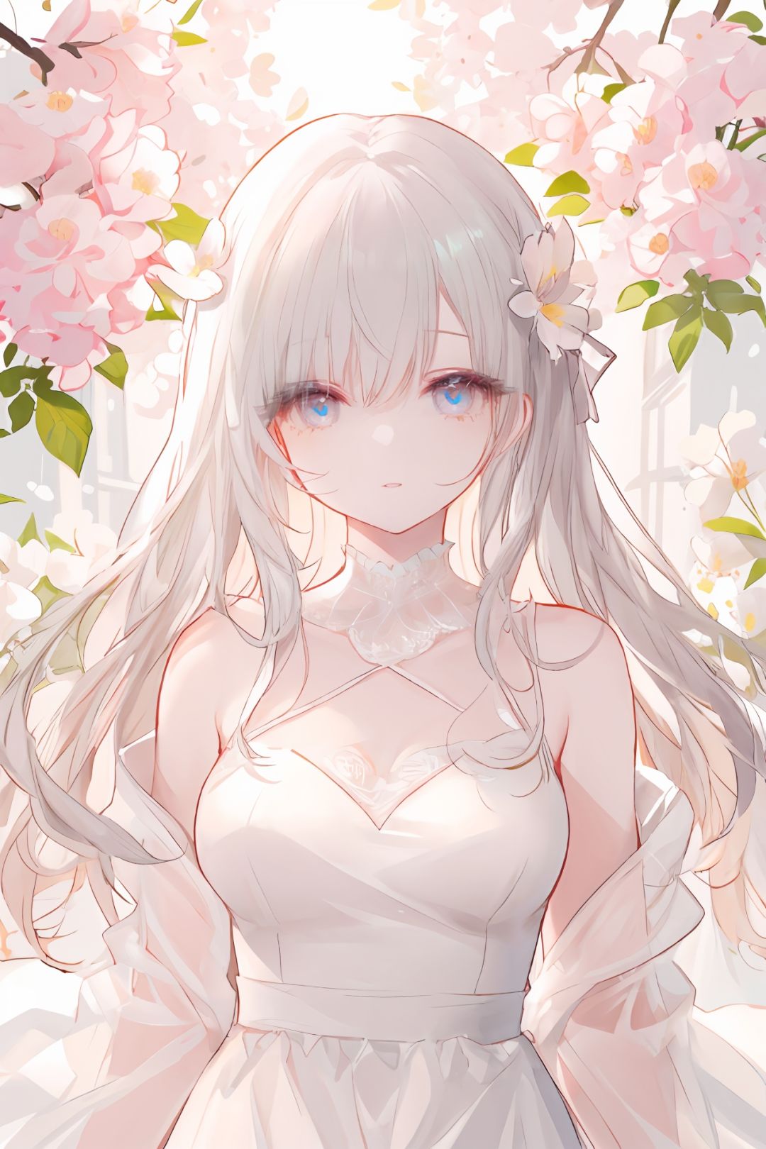 (masterpiece),high quality,best quality,1girl, beautiful eyes,flowers on the upper body,white dress, dropping flower,sunlight