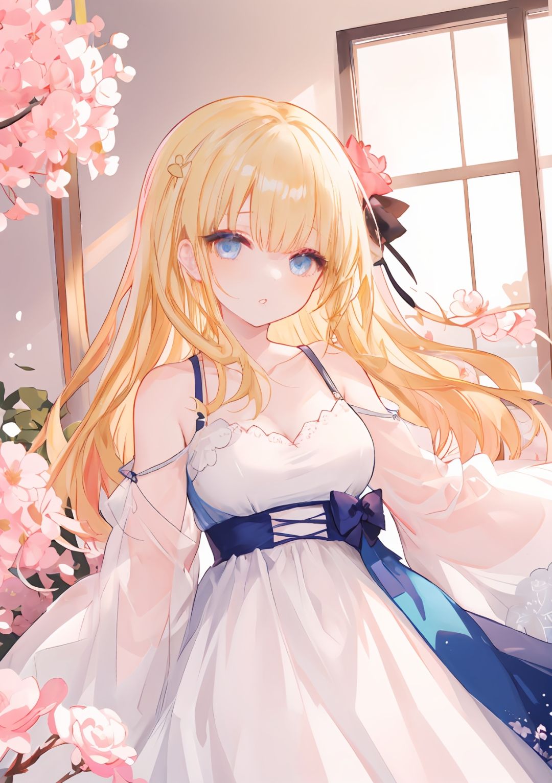 (masterpiece),high quality,1girl,bangs,blonde_hair,blue_dress,blue_eyes,blurry_foreground,bow,branch,cherry_blossoms,collarbone,depth_of_field,dress,dutch_angle,eyebrows_visible_through_hair,flower,indoors,long_hair,long_sleeves,looking_at_viewer,parted_lips,petals,pink_flower,rose,solo,very_long_hair,white_dress,white_flower,wide_sleeves,beautiful dress