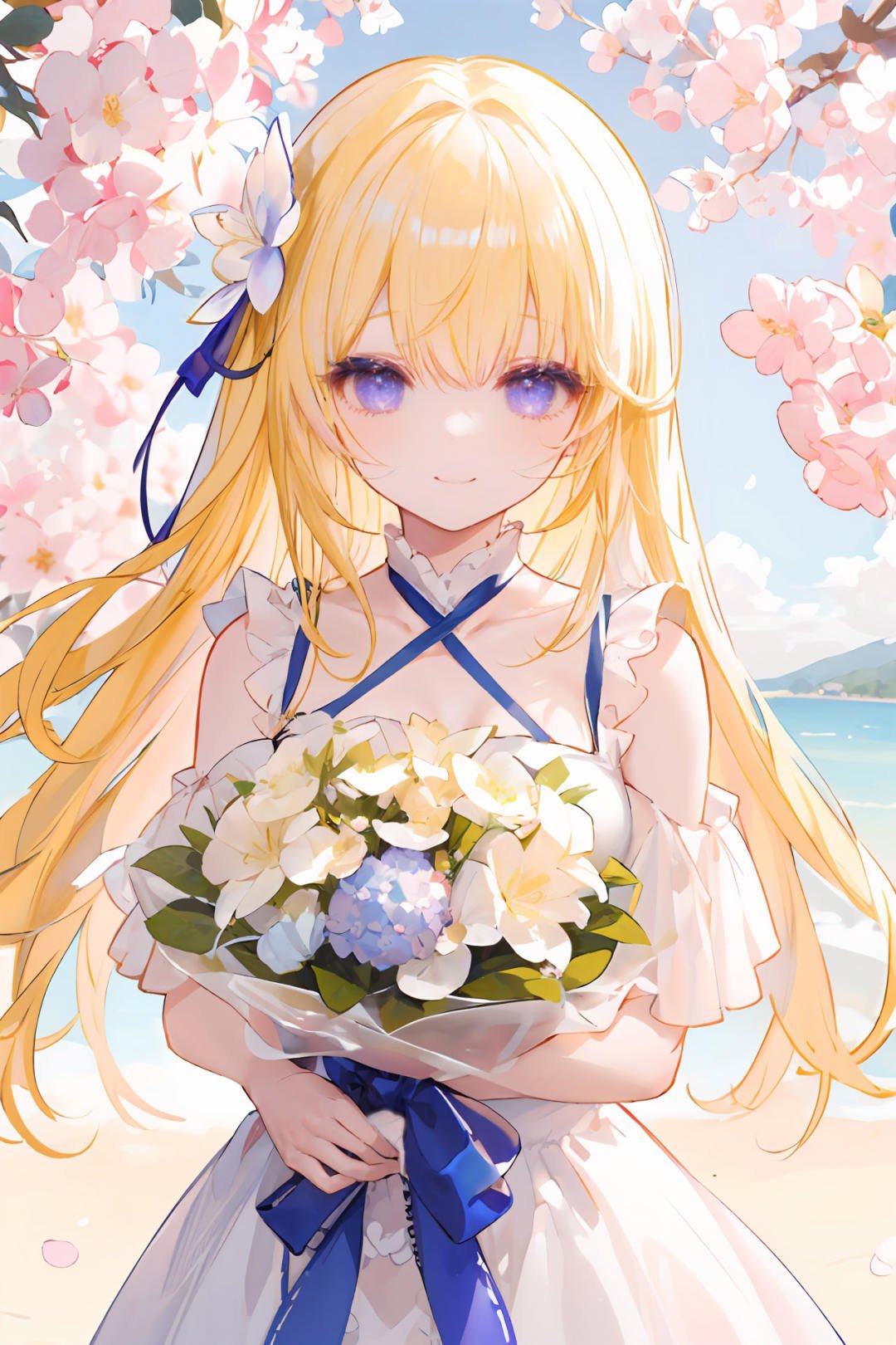 masterpiece,best quality,illustration, ((yellow hair)),1girls,long eyelashes,hair_ornament,wavy_hair,cute,shy,flower, pink_flower, bouquet, pink_rose, butterfly, bug, purple_flower, hydrangea, 1girl, cherry_blossoms, holding_bouquet, white_flower, long_hair, solo, holding_flower, holding, daisy, bangs, looking_at_viewer, blue_butterfly, lily_\(flower\), petals,light smile,((sunny day)),glowing light,(flower sea),(blue_ribbon),loli <lyco:GoodHands-beta2:0.58>