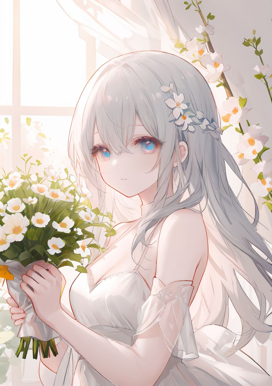 (masterpiece),high quality,best quality,1girl, beautiful eyes,flowers on the upper body,white dress, dropping flower,sunlight