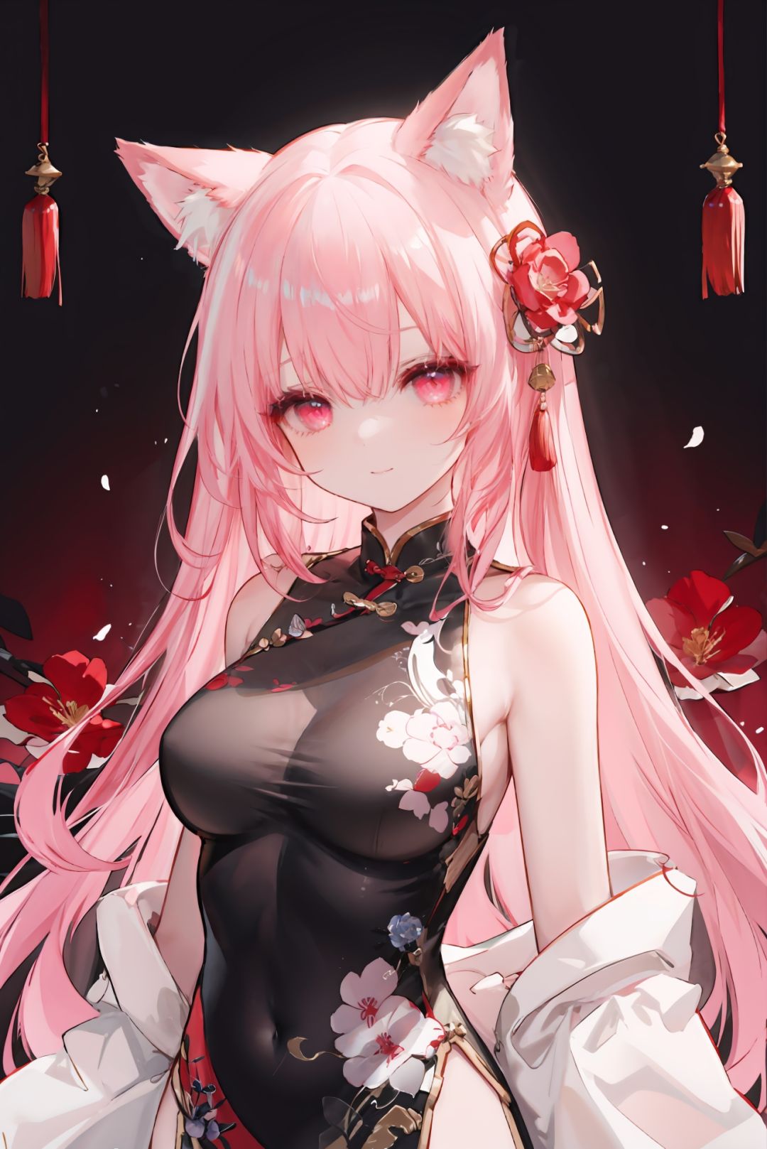 masterpiece,best quality,high detailed,1girl, fox girl, fox ears,solo,beautiful,best quality,game cg,masterpiece, sidelighting, finely detailed beautiful eyes: 1.2,crystal pink_hair, glowing eyes, shiny hair,looking at viewer,(look back:0.4)chinese clothes,china dress,<lyco:GoodHands-beta2:0.9>