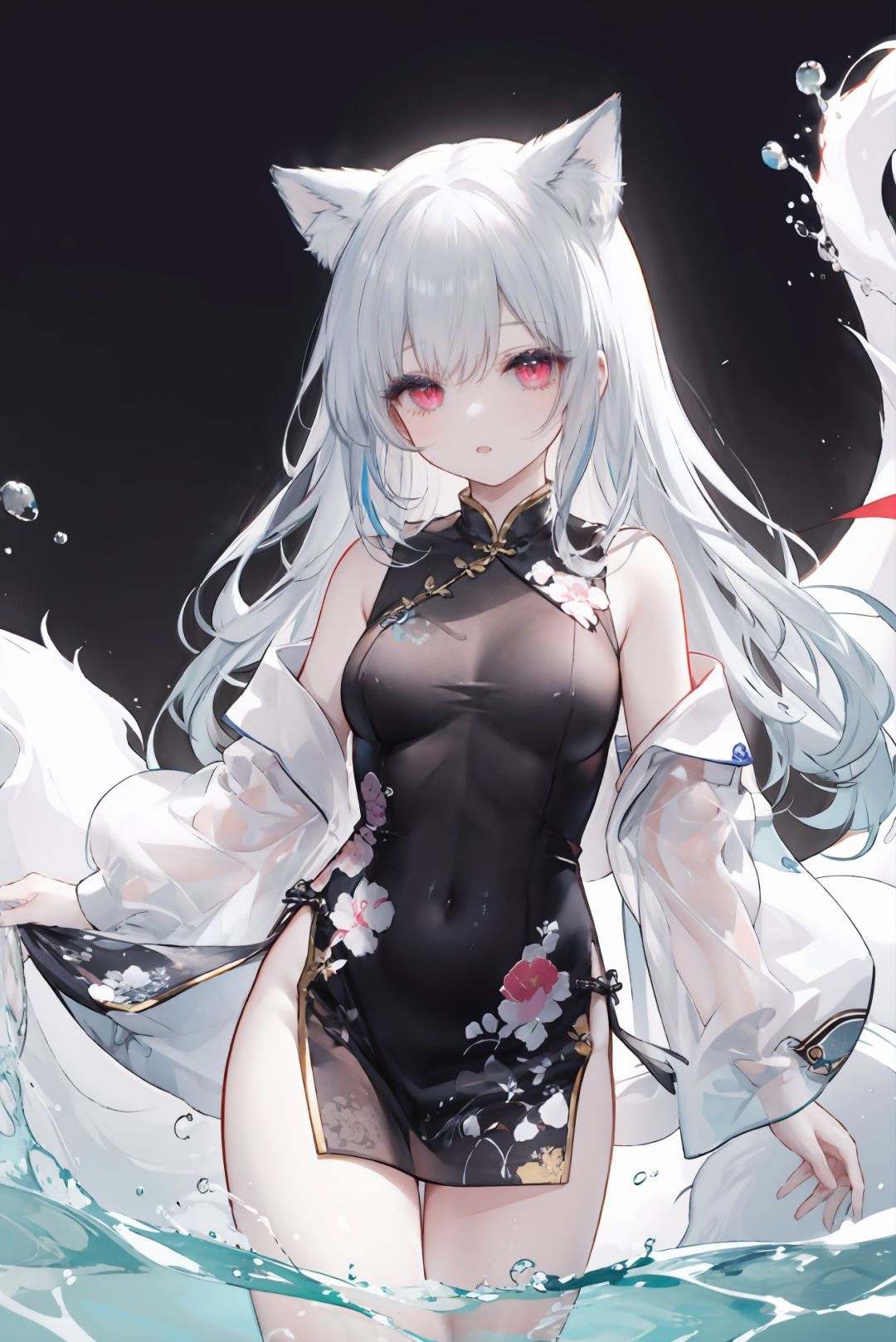 masterpiece,best quality,high detailed,1girl, fox girl, fox ears,solo,beautiful,best quality,game cg,(flat color:0.7),(colorful:1.1),(masterpiece:1,2), best quality, masterpiece, highres, original, extremely detailed wallpaper, looking at viewer,1girl,solo,,,,float colorful water,float colorful wind,colorful simple backgroundchinese clothes,china dress,<lyco:GoodHands-beta2:0.9>