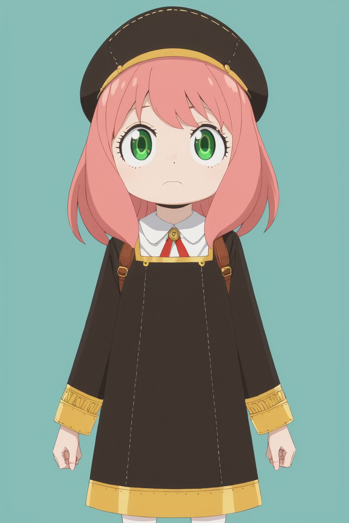 spy x family,  cute tiny, anya forger 1girl, solo, looking at viewer, bangs, shirt, long sleeves, hat, dress, ribbon, closed mouth, school uniform, green eyes, upper body, pink hair, collared shirt, medium hair, bag, black dress, red ribbon, v-shaped eyebrows, black headwear, neck ribbon, frown, parody, backpack, child, meme, female child, eden academy school uniform, anya (spy x family) spy x family,  cute tiny, anya forger