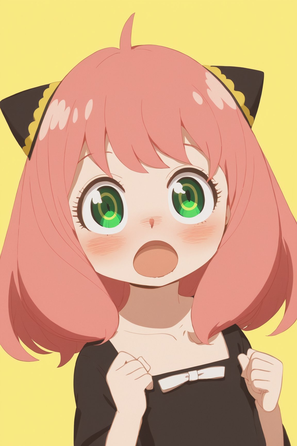 spy x family,  cute tiny, anya forger 1girl, solo, looking at viewer, blush, open mouth, bangs, simple background, dress, hair between eyes, green eyes, upper body, pink hair, ahoge, black dress, child, yellow background, female child, hairpods, anya (spy x family) spy x family,  cute tiny, anya forger